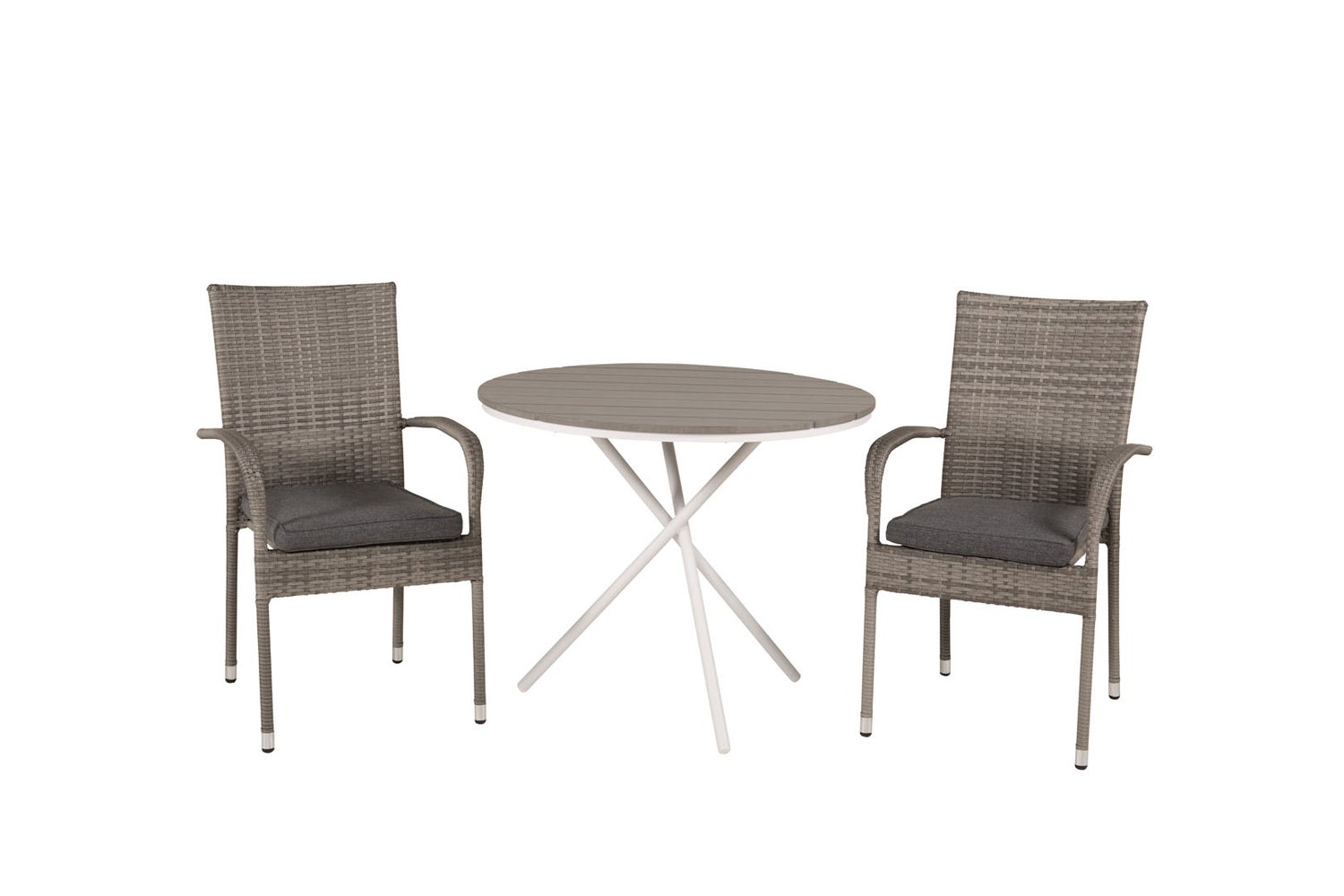 Parma tuinset: tafel Ø90cm en 2 Anna stoelen, grijs en crème. 90 x 90 x 74 cm
