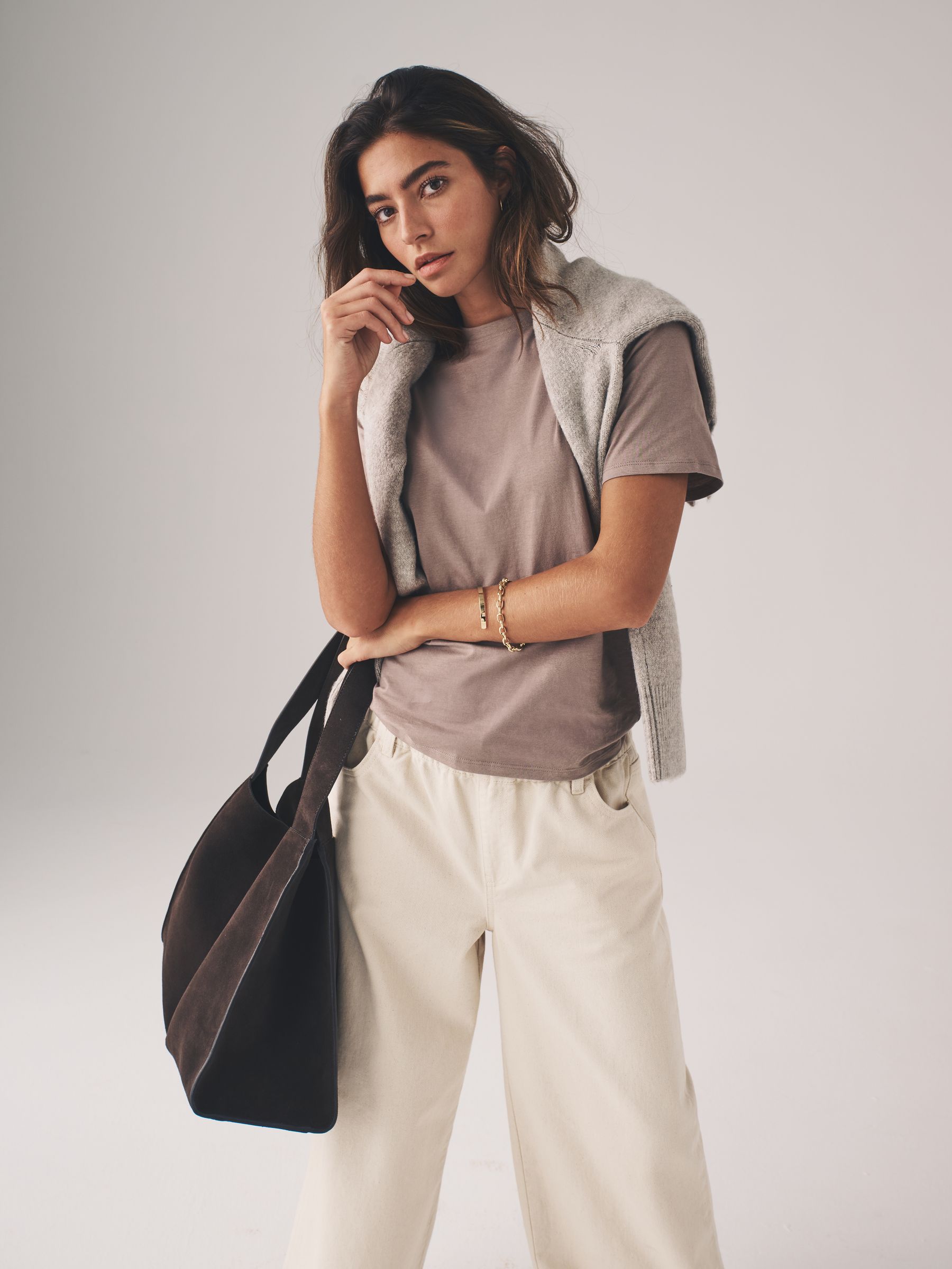 Zwart/wit/taupe bruin - The Set verpakking van 3 relaxte T-shirts met korte mouwen van 100% katoen