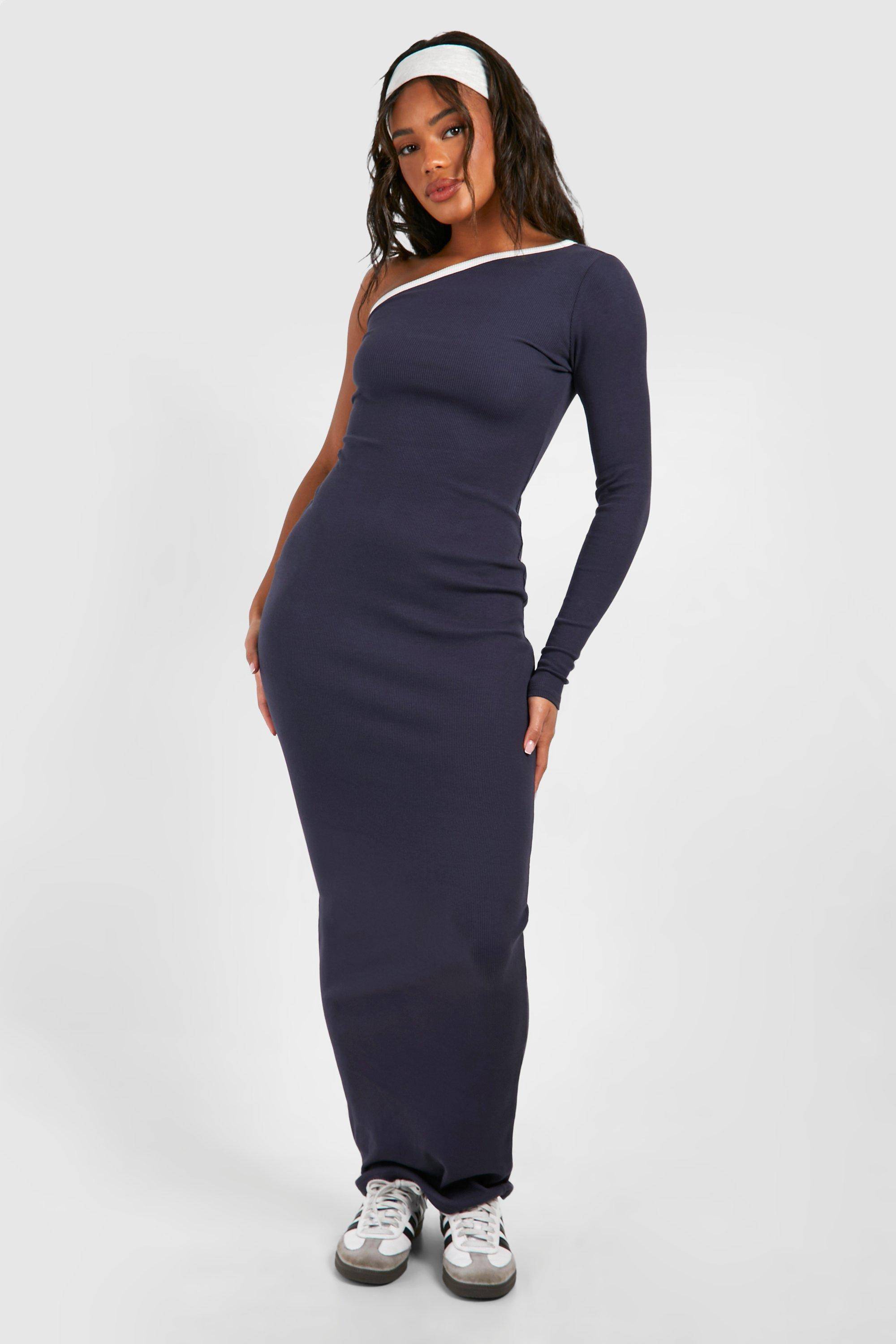 boohoo Premium Contrast Rib One Shoulder Maxi Dress