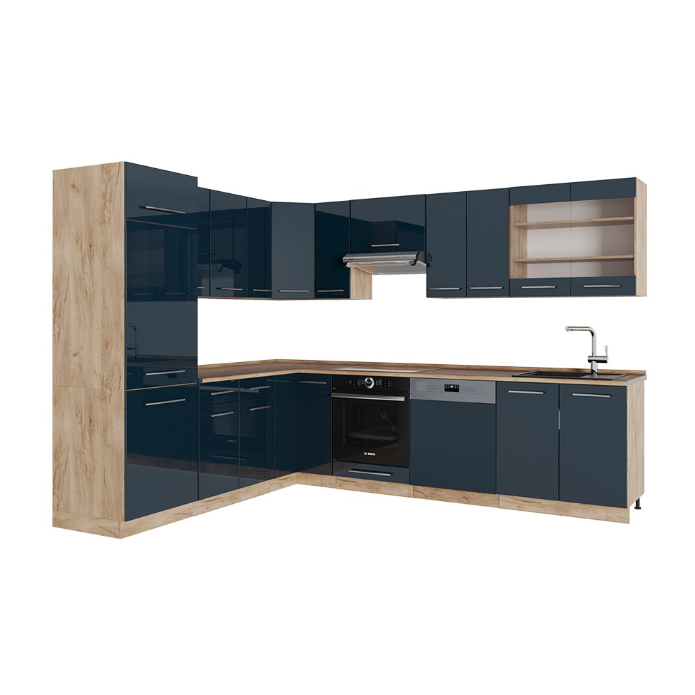 Vicco Eckküche Fame-Line Eiche Dunkelblau Hochglanz 287x227 cm ohne Arbeitsplatte