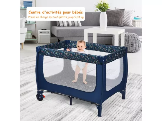 Lit Parapluie Pliant Bébé 0-36 Mois 3 en 1 avec Matelas Roulettes Sac de Transport Charge Max 15KG Gris 125 x 65 x 76CM（Bleu)