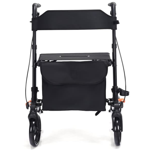 Rollator, sammenleggbar reiserollator, lett med sete, høydejusterbart håndtak og bag, sort