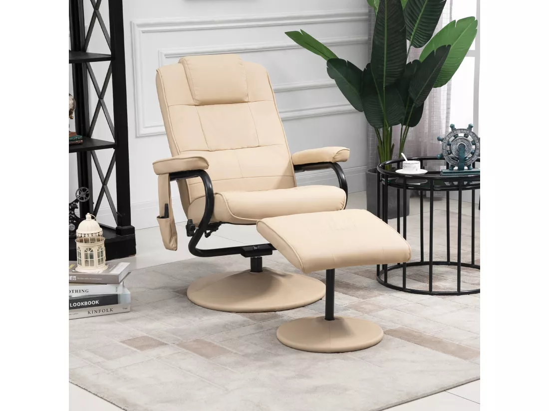 Fauteuil de massage et relaxation électrique pivotant inclinable avec repose-pied revêtement synthétique beige