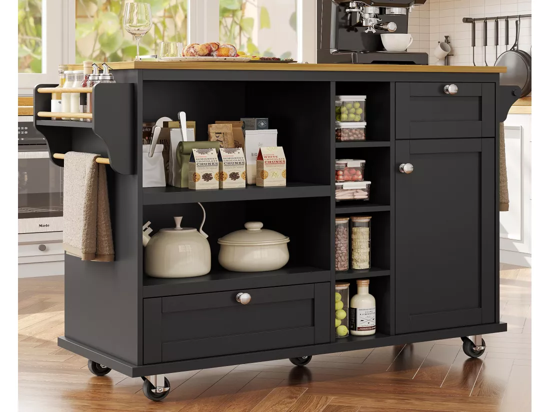 Ilot central de cuisine - 2 tiroirs et 8 compartiments - MDF - Noir
