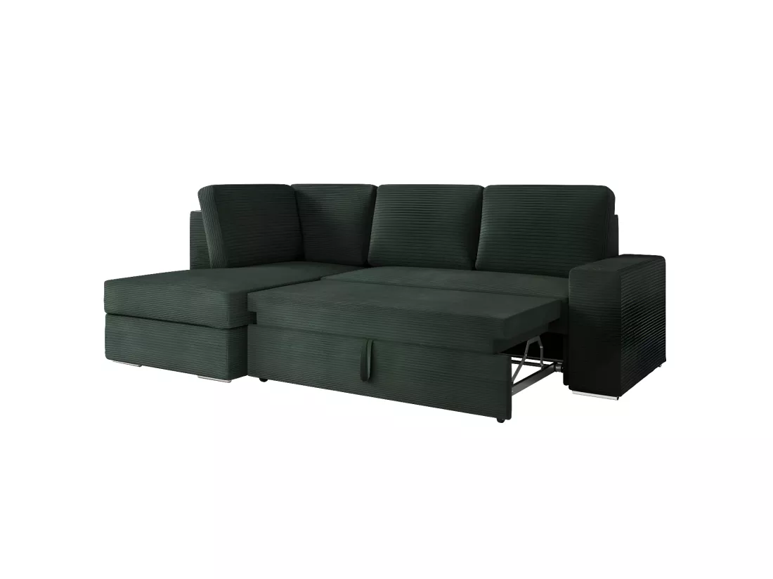 Canapé d'angle gauche 3 places convertible Aden avec coffre en velours côtelé - Vert foncé - L246 x P174 x H96cm - Loungitude