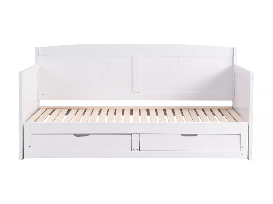 Lit gigogne banquette 90 x 190 ou 180 x 190 cm - Avec sommier peigne et tiroirs - Pin et MDF - Blanc - DINIVA