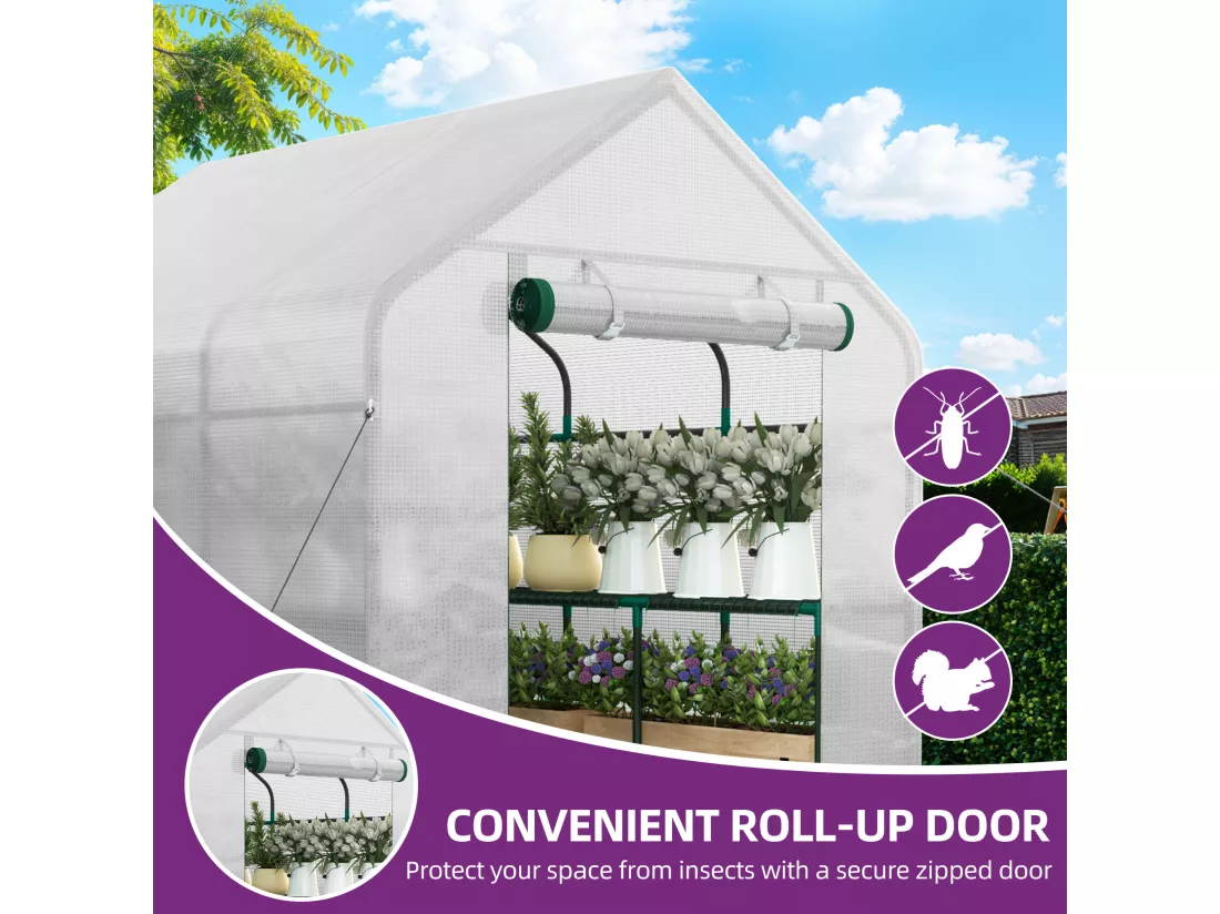 YITAHOME Serre de Jardin Blanc - 3 Niveaux 18 étagères - en Polyéthylène avec Fermeture éclair - Jardin extérieur - 143 x 214 x 195cm