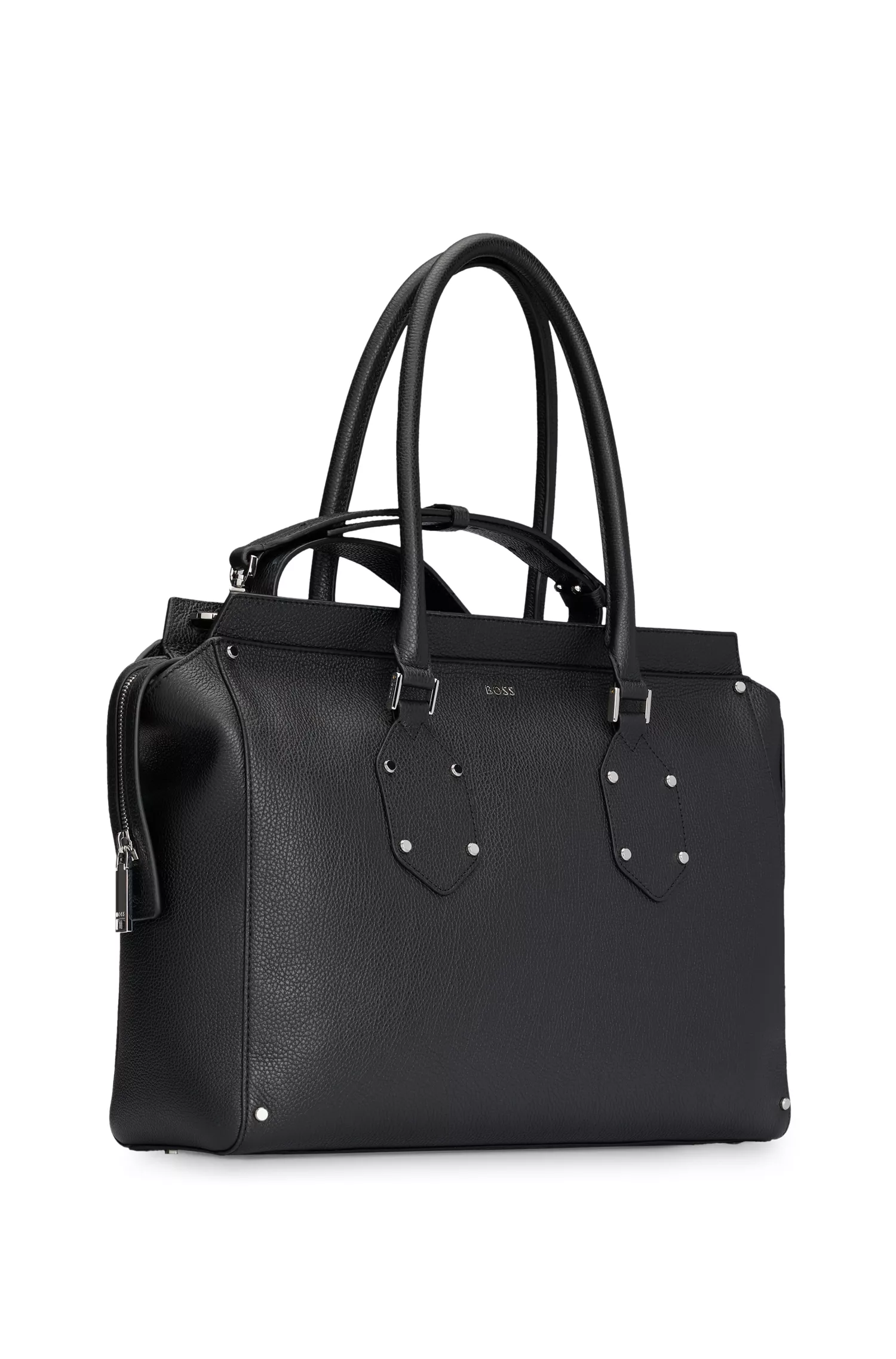 Bolsa tote BOSS em couro granulado preto com alça de ombro removível.