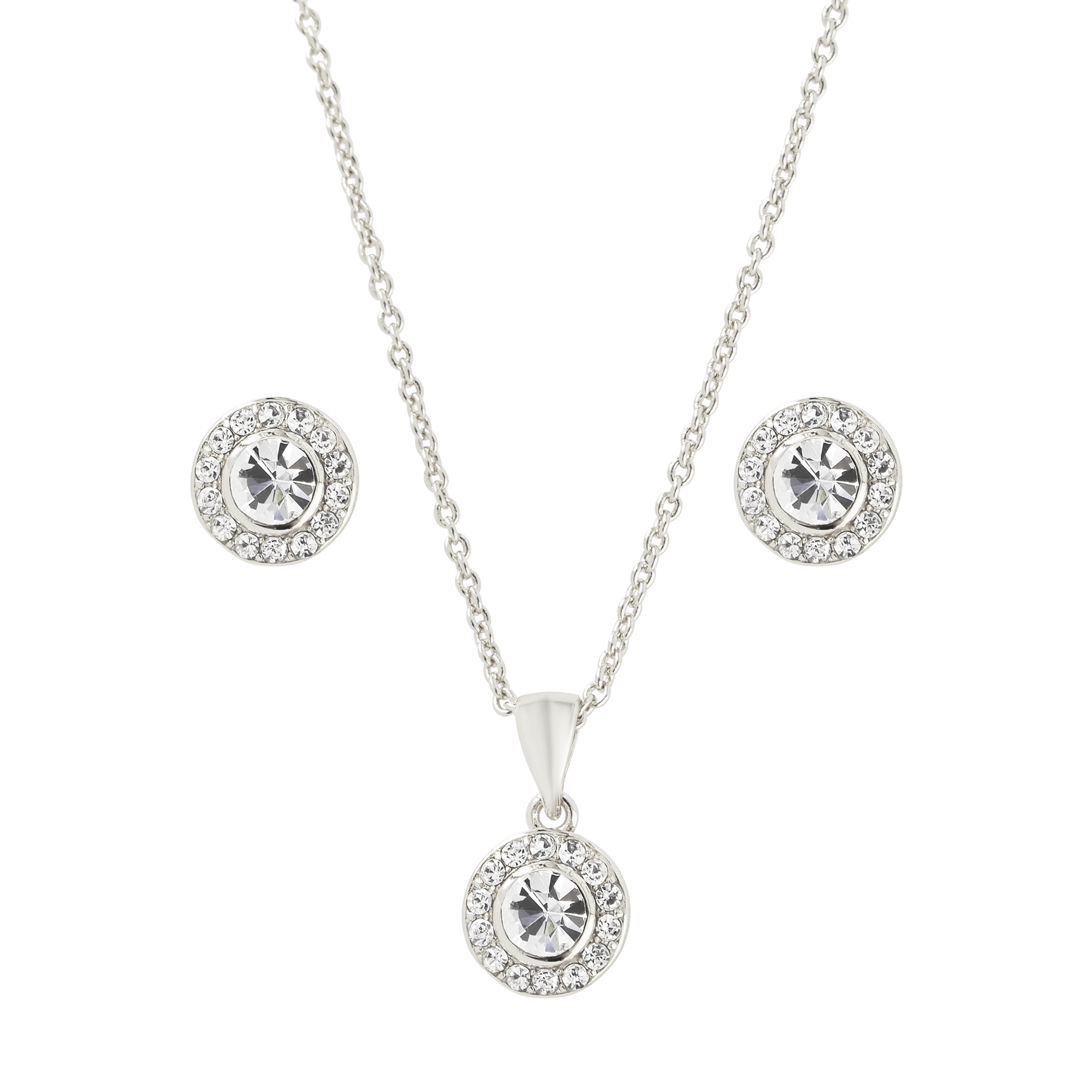 (3-tlg. Set) Damen Halskette / Ohrstecker mit Kristall Strass Stein Anhänger - Silber