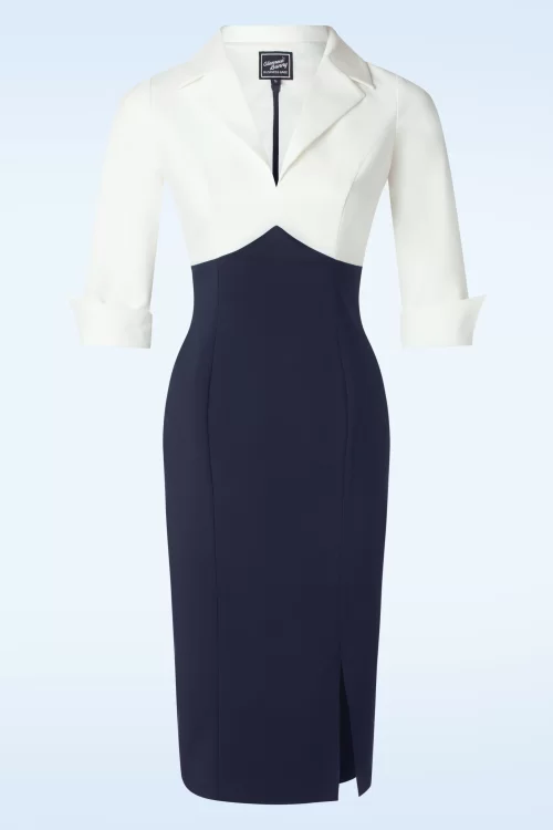 Glamour Bunny Business Babe Dianne pencil jurk in wit en marineblauw
