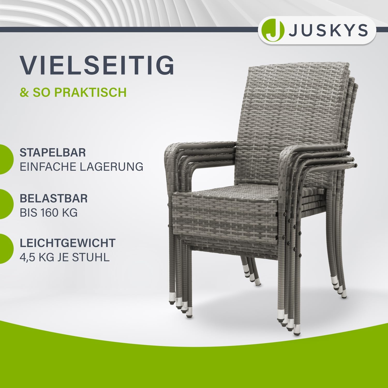 Juskys Polyrattan Gartenstühle Yoro 4er Set mit Armlehnen & Rückenlehne - 4 Stühle stapelbar - Rattan Stuhl Garten - Stapelstuhl Grau-meliert