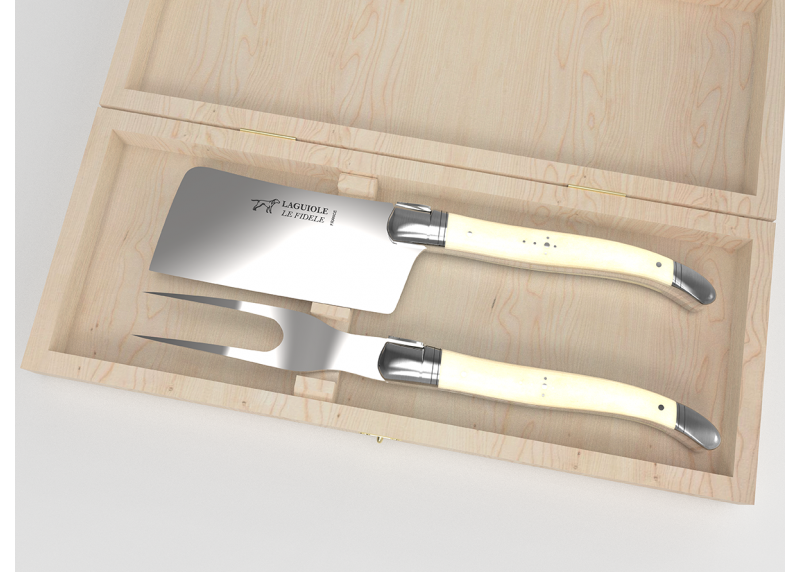Service à fromage Laguiole avec un manche en os de bovin et mitres en acier inoxydable