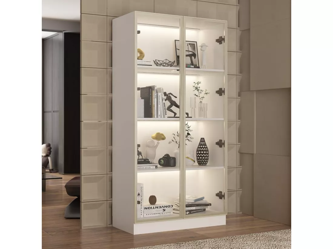 Vitrine avec LED et Portes en Verre Meuble de Rangement en Verre Debout avec 4 étagères Design Pop-up 80x40x160cm Blanche