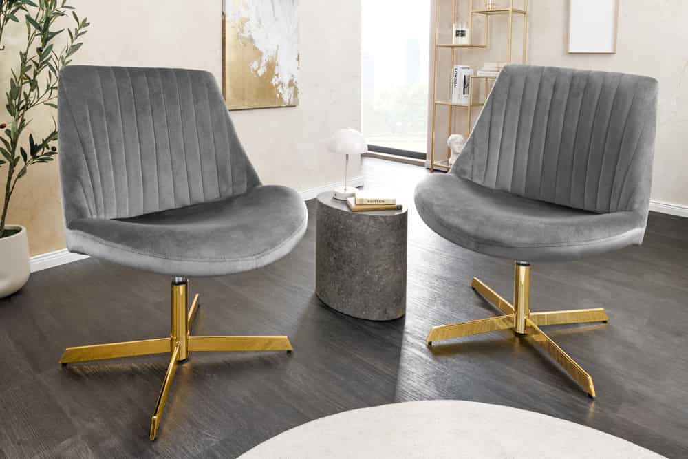 Drehbarer Sessel LOUNGER grau gold Samt Modern Design