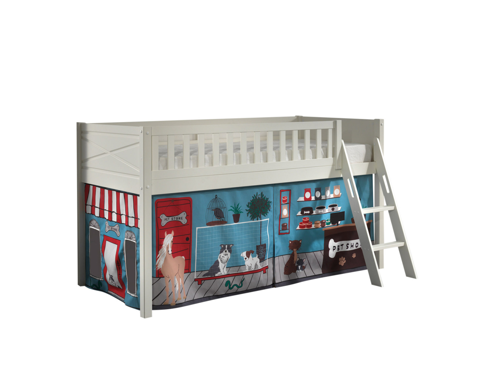 Spielbett SCOTT - weiß - Pet Shop - mit Vorhang und Leiter - 90x200 cm
