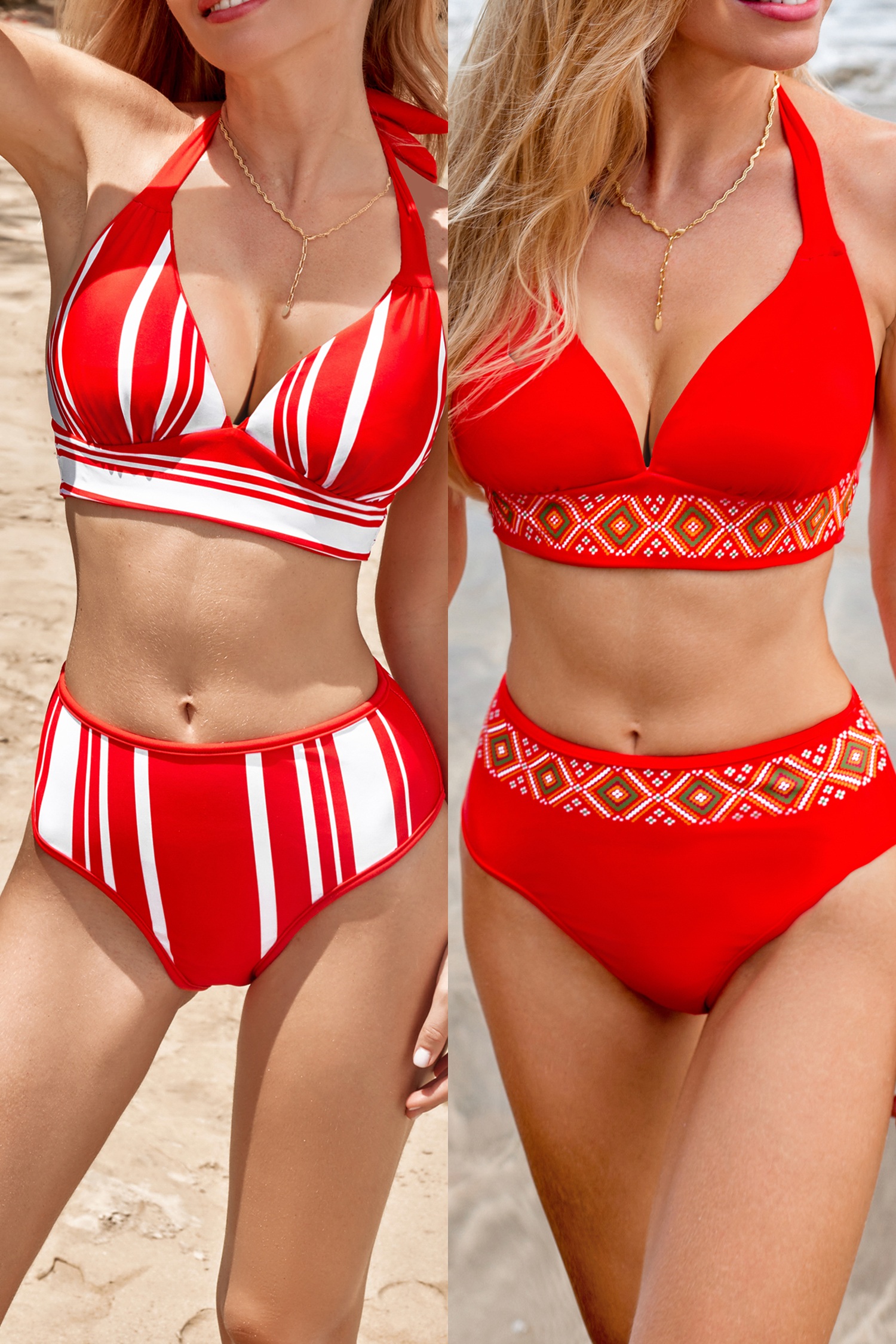 Bikini avec licou plongeant et bas effronté géométrique rouge