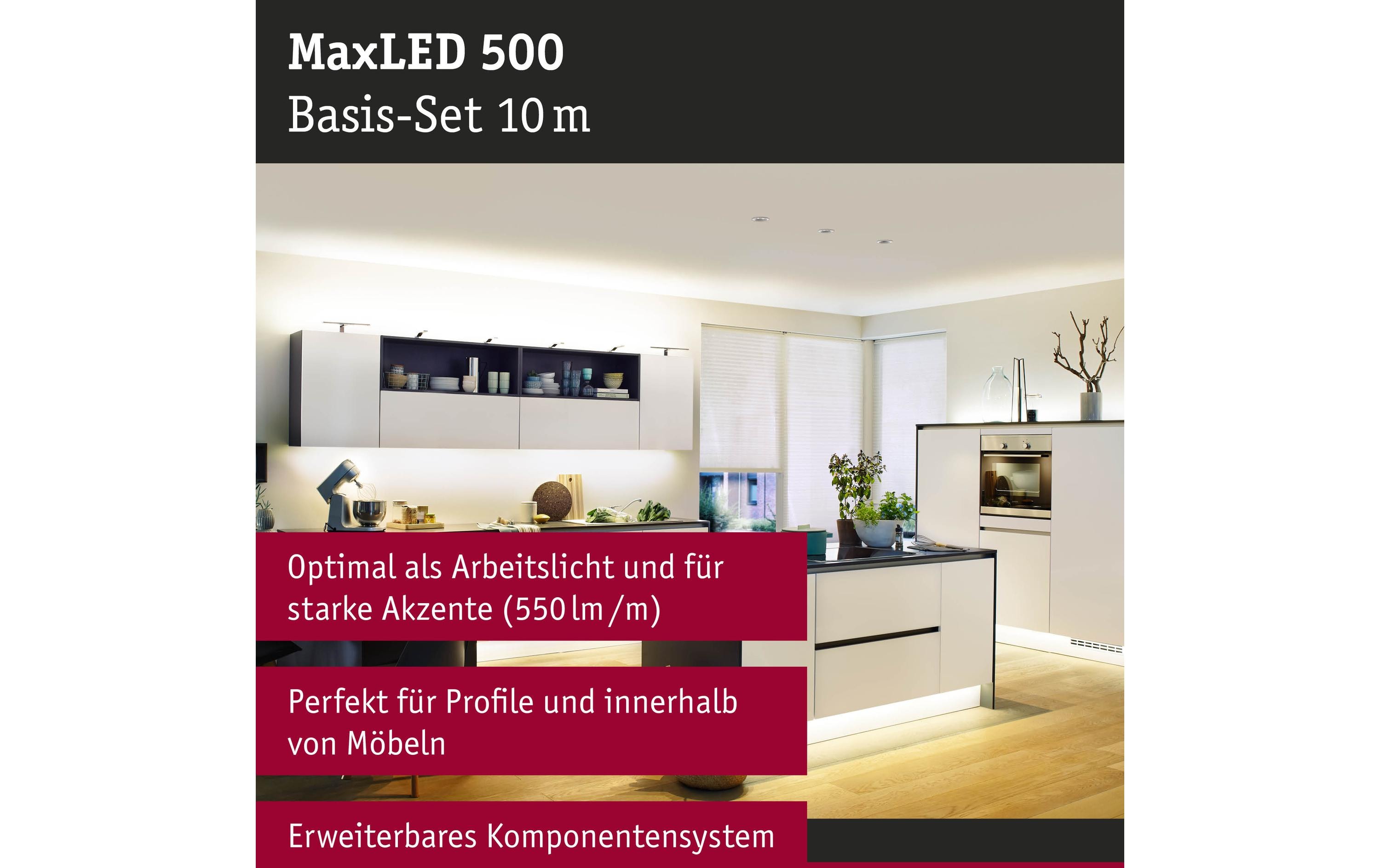 LED-Stripe MaxLED 500 2700 K, 10 m BasissetUnbeschichteter LED-Streifen, kürzbar