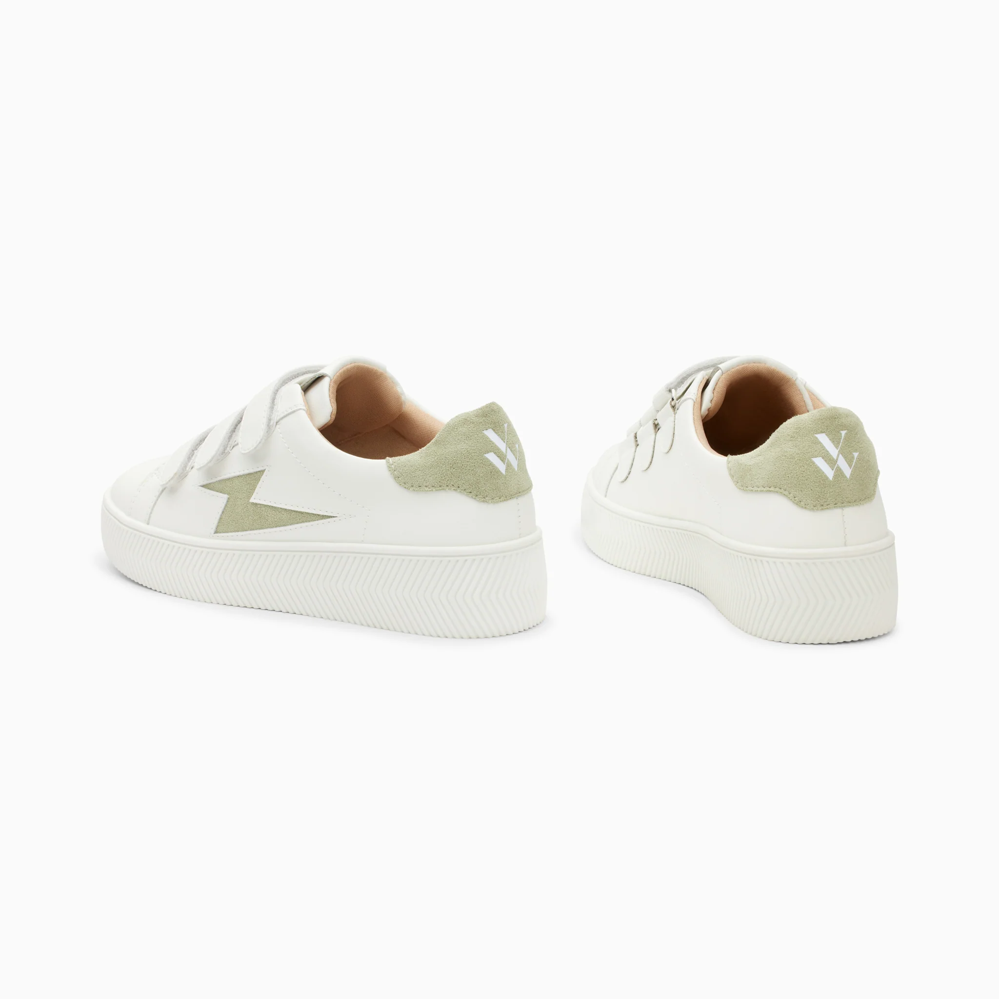 Sneakers-Baskets éclair Camelia blanc et vert amande à scratchs