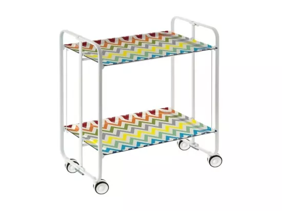 Chariot pliant à roulettes, table pliante roulante, desserte - Structure métallique blanche, 2 niveaux en stratifié motif Zigzags couleurs - 72*66*43 cm - BAUHAUS