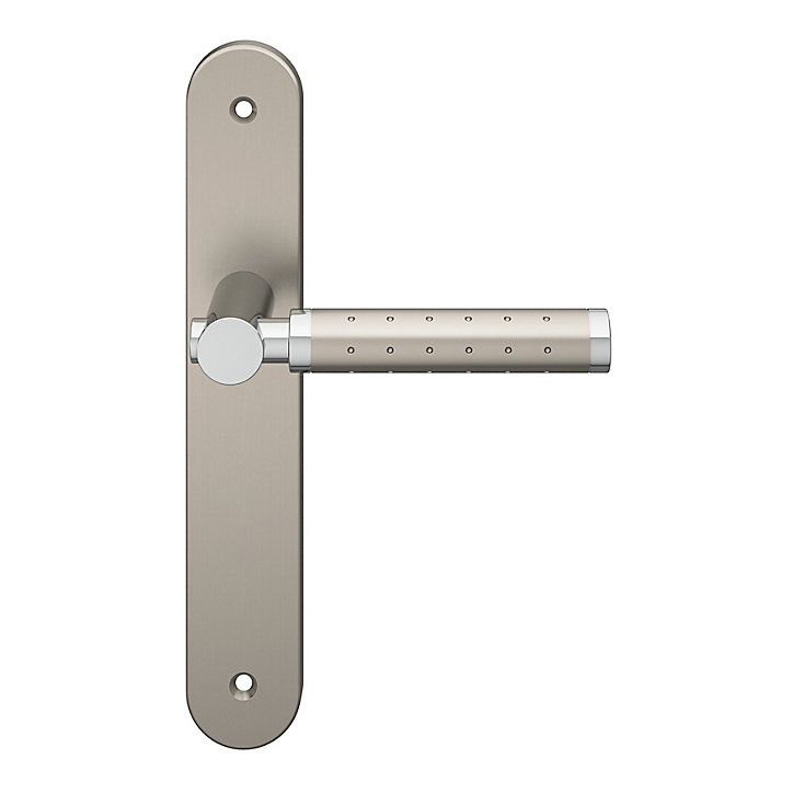 Ensemble poignée sur plaque rond GoodHome Brigg effet chrome et nickel satin gris L.132mm x l.40mm entraxe 195mm
