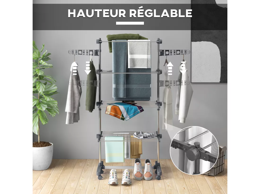 Séchoir à linge étendoir pliable ailes latérales 4 niveaux gris