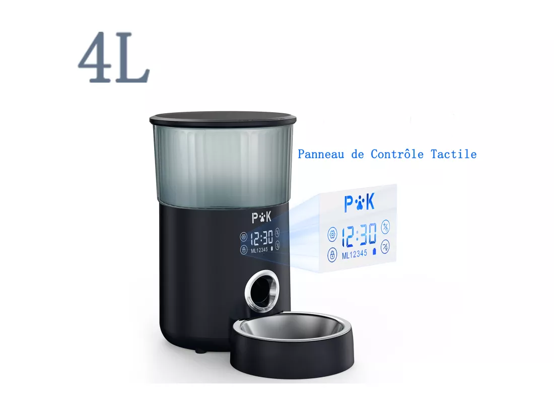 LCD Distributeur Croquettes 4L Chats/Chiens Distributeur Automatique de Nourriture avec Bol Inox Fonction d'enregistrement 5 Repas par Jour,Noir