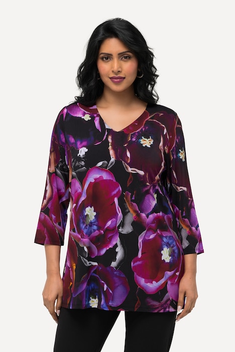 Slinkyshirt, Tulpen, V-Ausschnitt, 3/4-Arm
