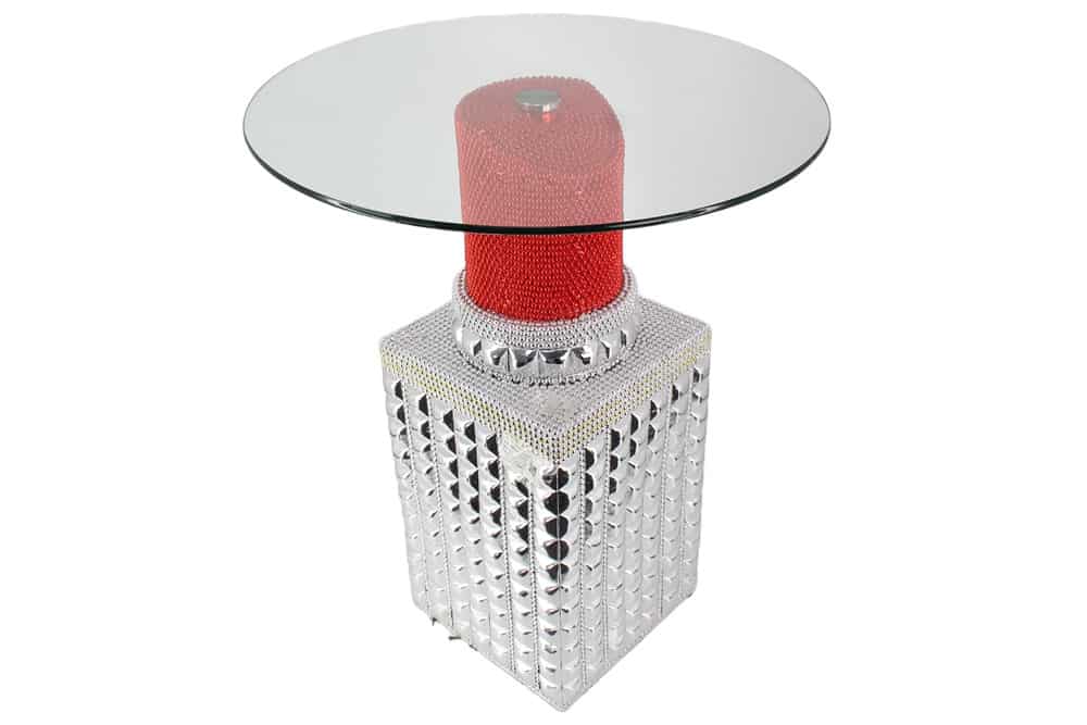 Handgefertigter Bistrotisch LIPSTICK 75cm rot silber runde Tischplatte Glas