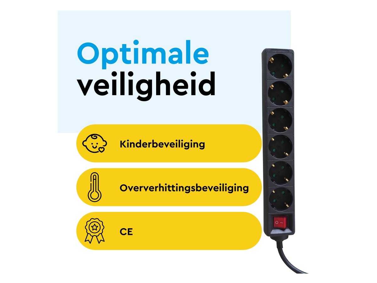 BRASQ 1,4 meter 6‑voudige stekkerdoos met schakelaar - Black