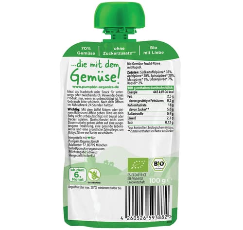 Pumpkin Organics - Bio Gemüse-Quetschie Süßkartoffel, Apfel, Spinat, Mais, Erbsen