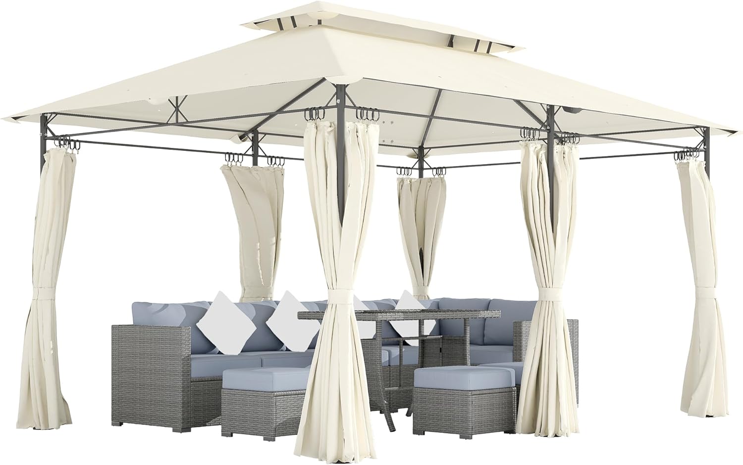 Outsunny Pavillon 4x3 m Stabil Winterfest Gartenpavillon mit Doppeldach 6 Seitenteile Ablauflöcher, Garten Pavillon aus Metall, für Garten, Terrasse, Cremeweiß