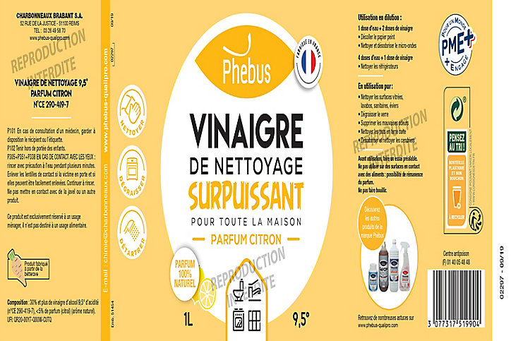 Vinaigre de nettoyage surpuissant 9,5° Phébus citron 1L