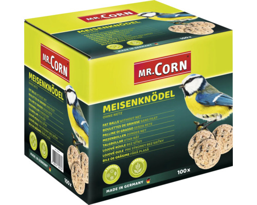 Vogelvoer Mr. Corn vetbollen, 100 stuks zonder net in kartonnen doos, vogelvoer voor het hele jaar, Ambrosia-gecontroleerd, Gemaakt in Duitsland