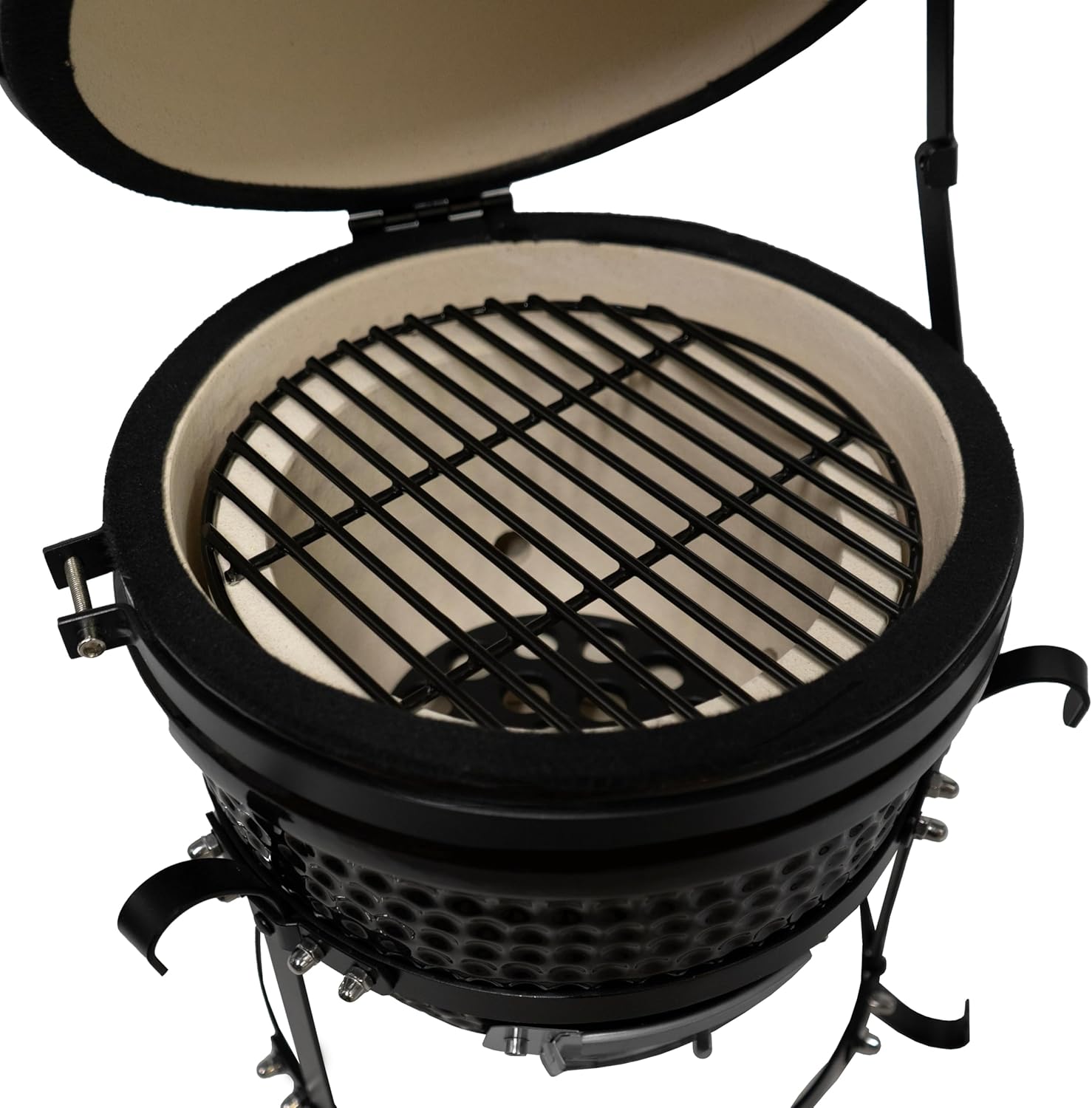 Fresh Grills 33cm Kamado Keramikgrill | Schwarz Holzkohlegrill BBQ Mini Ofen | Thermometer, Holzgriff, Oberer & Unterer Luftstrom | Outdoor Garten Grillen Garen Räuchern Smokern [mit Standfüßen]
