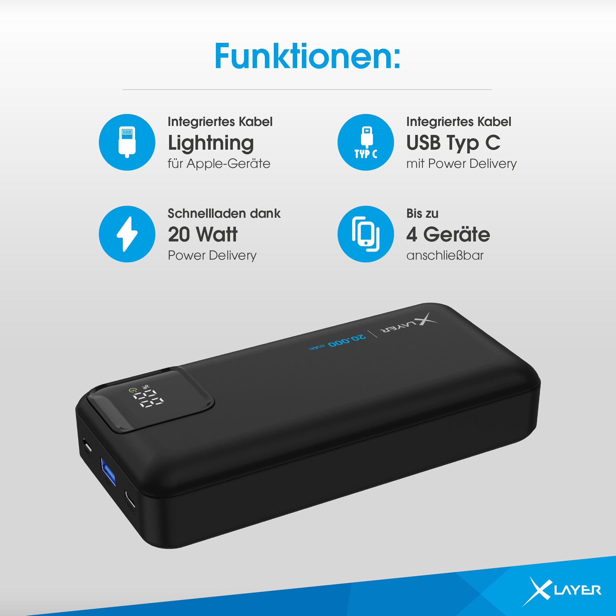 Xlayer Powerbank PD 20W 20.000 mAh integrierte Kabel USB-C und Lightning