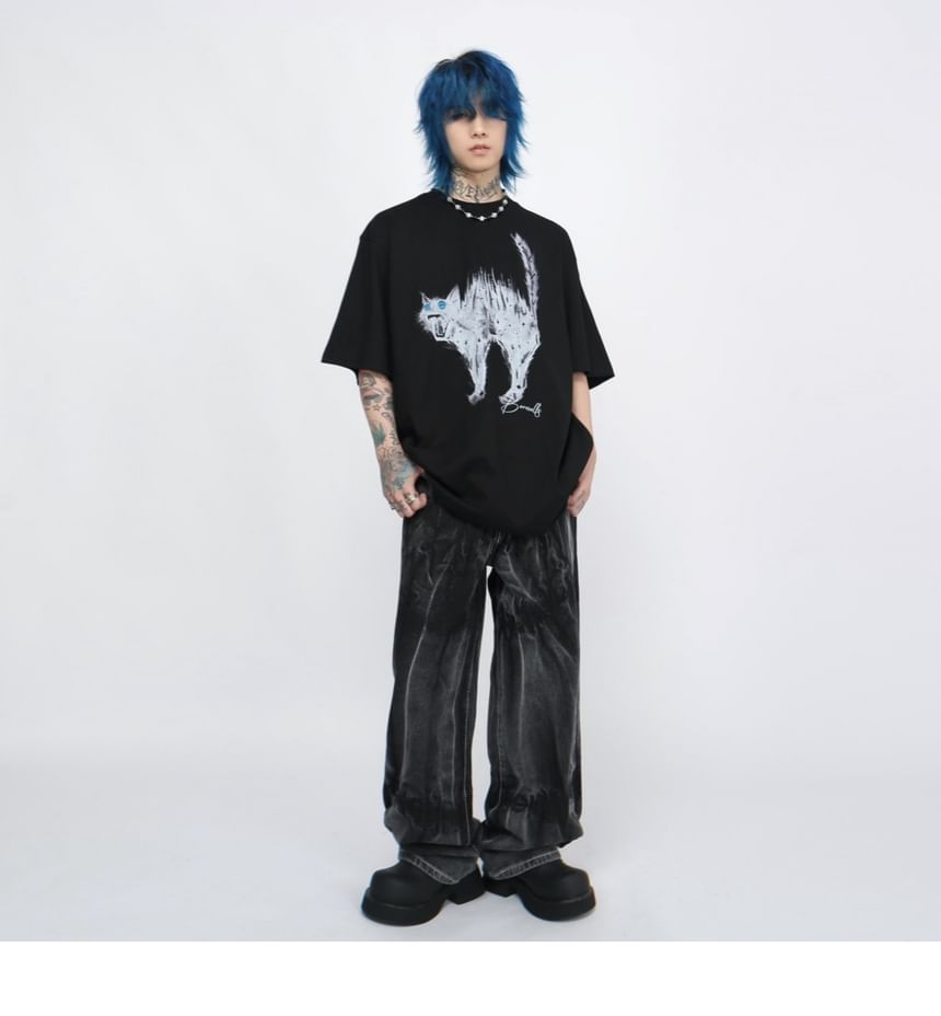 Derbundy - T-shirt met ronde hals en kattenprint, met elleboogmouwen