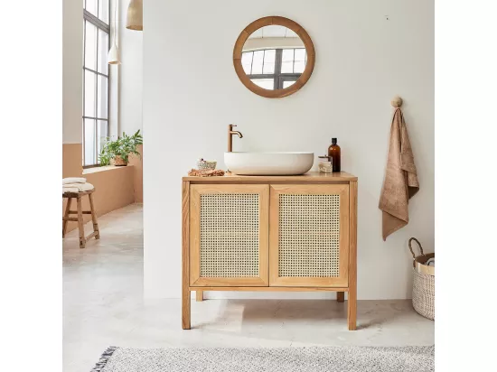 Meuble de salle de bain en teck massif et cannage 90 cm