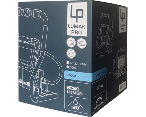 LUMAK PRO LED werklamp met statief IP54 50 W 8250 lm 6500 K Stroomkabel 3G1,5 mm² H07RN-F 5,0 m met stekker + 2x USB-uitgang + 1x geaard stopcontact
