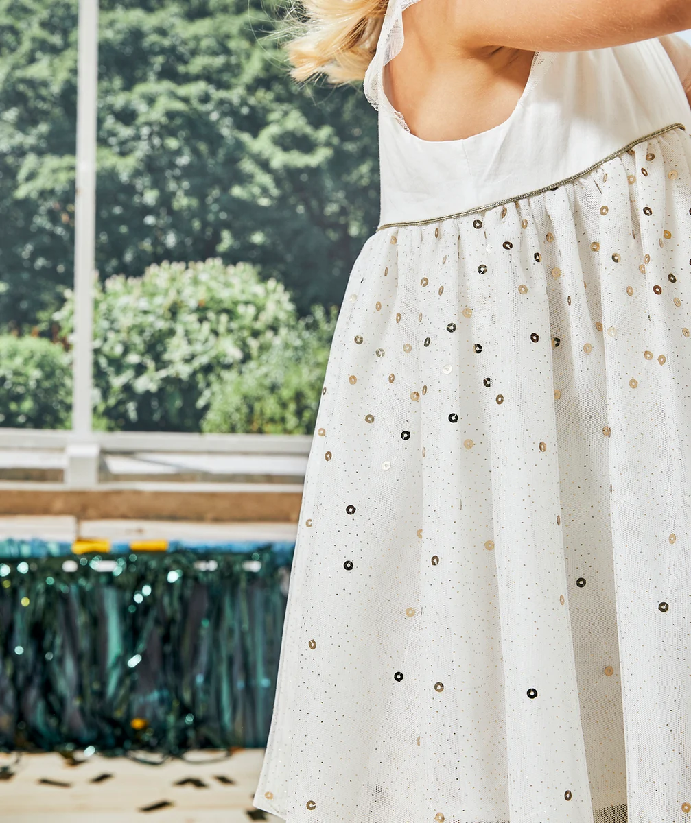 ROBE CRÉATEUR 2023 BÉBÉ FILLE EN TULLE BLANCHE AVEC SEQUINS COULEUR DORÉE
