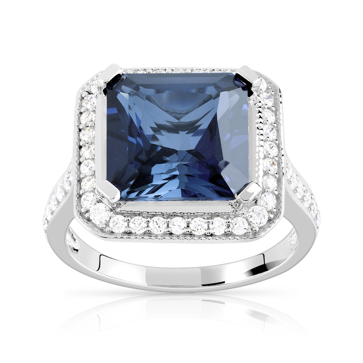 Bague argent 925 saphir imitation carrée et zirconias