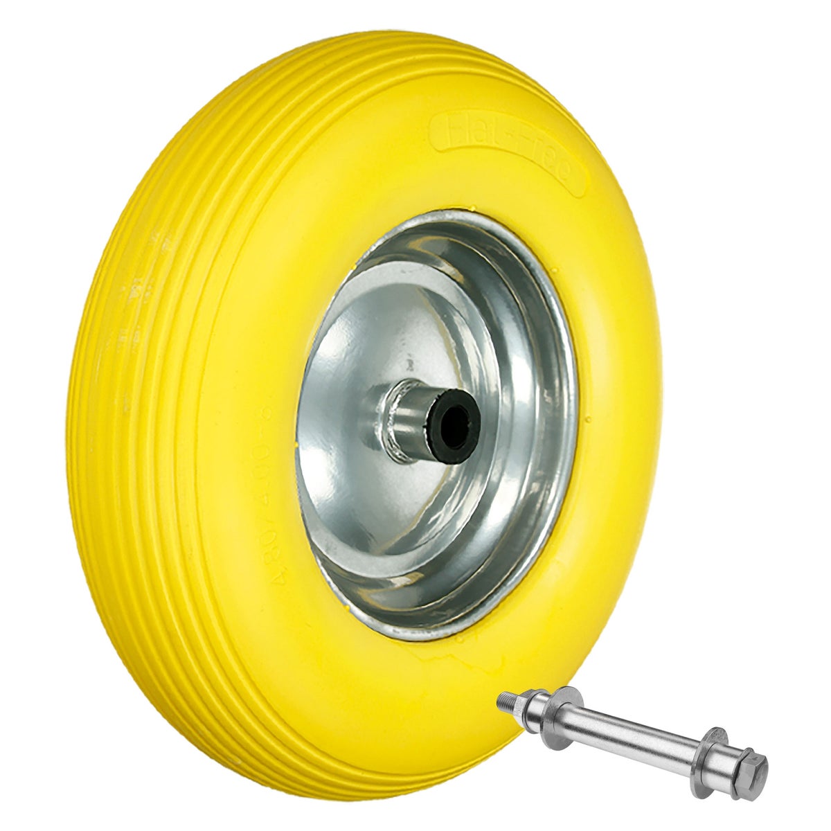 ECD Germany 4-delige set kruiwagenwielen van lekvrij massief PU-rubber, reservewiel met as, 4.80/4.00-8, diameter 390 mm, geel, 200 kg, band met stalen velg, band voor kruiwagens en tuinkarren