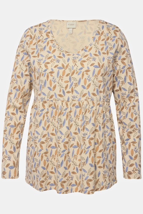 Schlafshirt, Blätter, V-Ausschnitt, Langarm, Biobaumwolle