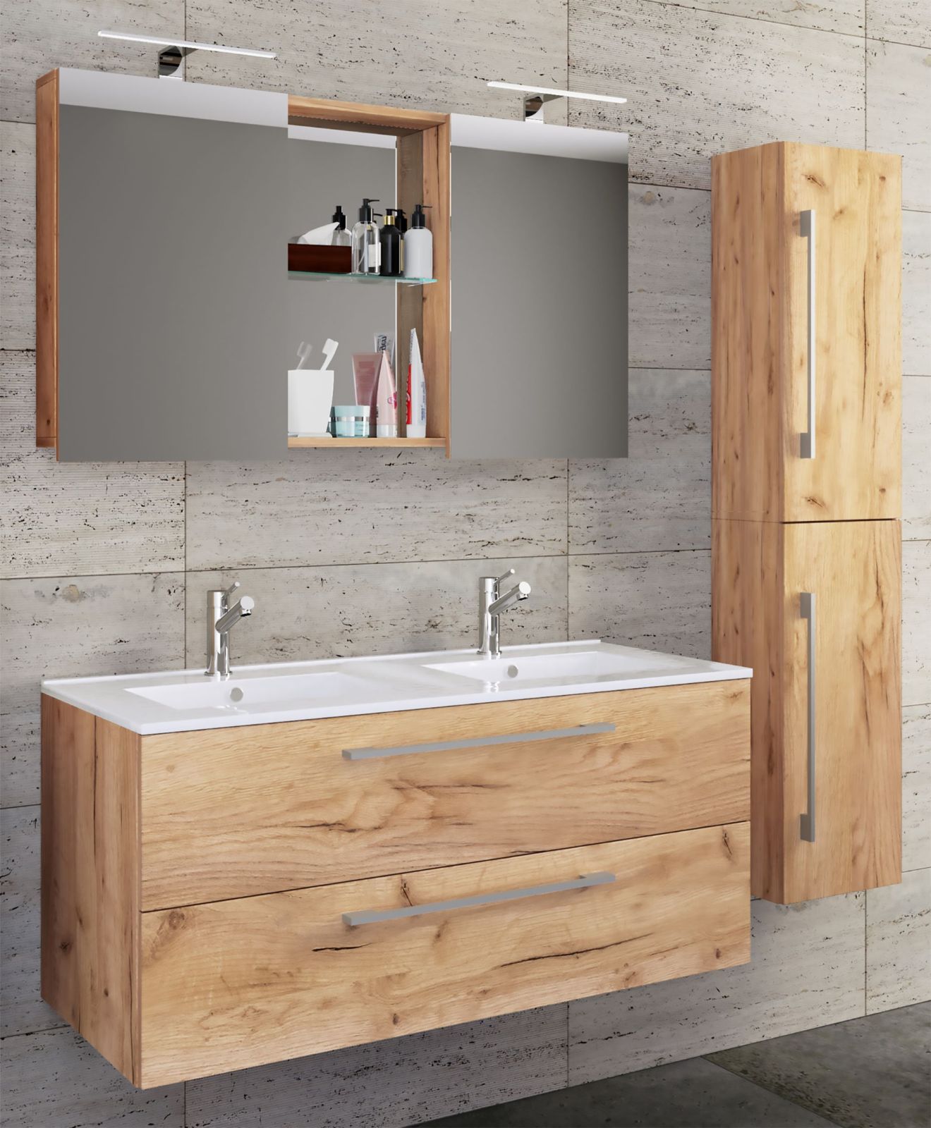 4-teiliges Badmöbel-Set BUDASI - Honig Eiche - Spiegelschrank - 145 cm breit