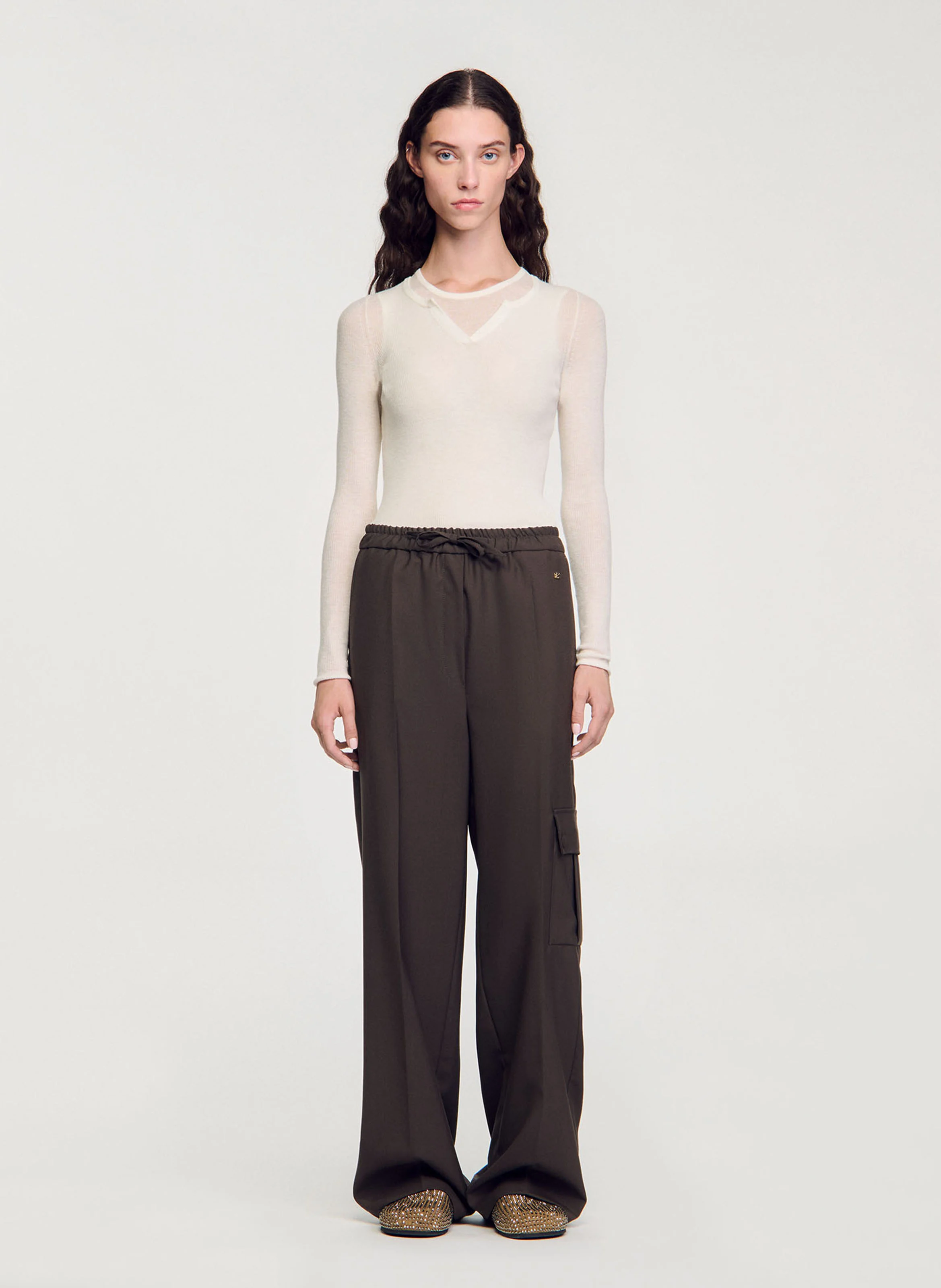 Pantalon droit en laine mélangée | Marron