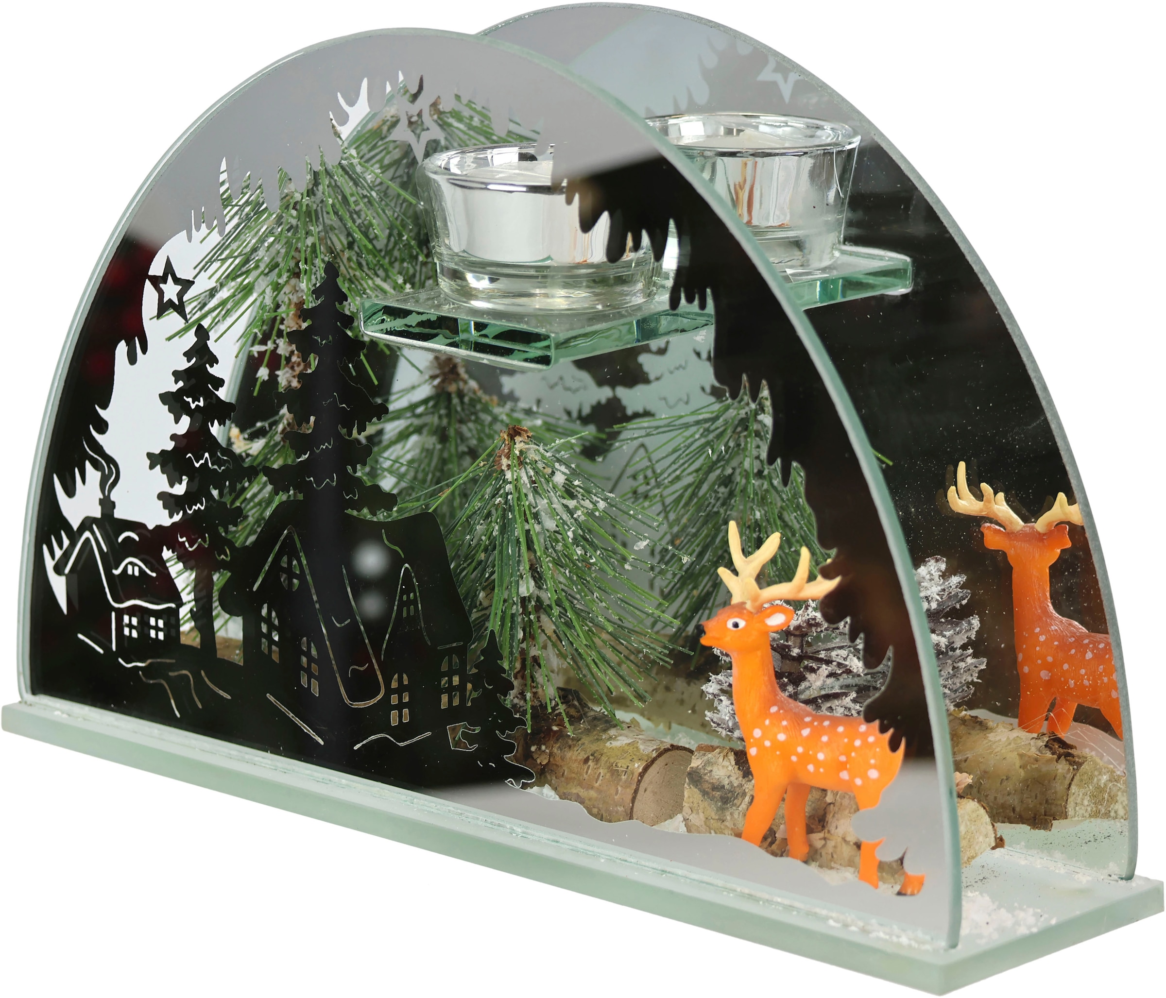 I.GE.A. Teelichthalter »Weihnachtsdeko, Kerzenhalter, Deko-Objekt« aus Spiegelglas, mit Hirsch-Deko in Winterlandschaft, Höhe ca. 15 cm