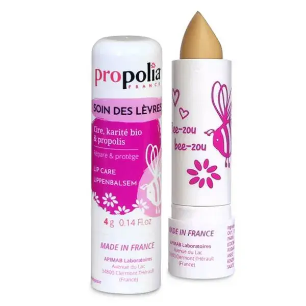 Bálsamo labial Propolia, em bastão, com própolis, cera de abelha e manteiga de karité (4g).