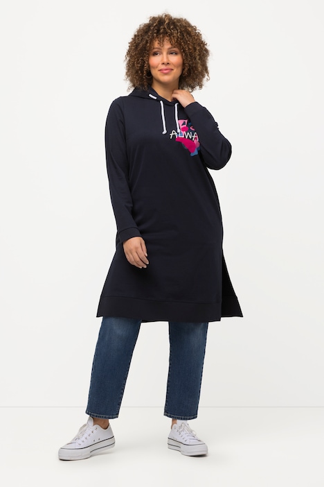 Long-Hoodie, Schriftmotiv, Seitenschlitze, Langarm