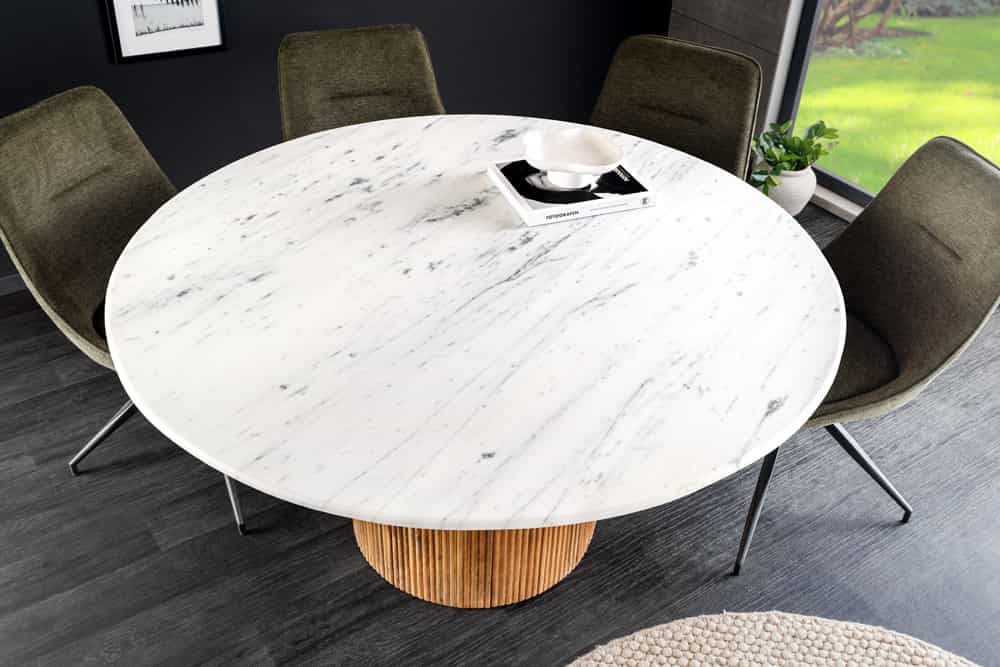 Design Esstisch TRES CHIC 140cm weiß Marmorplatte rund braun Mangoholz