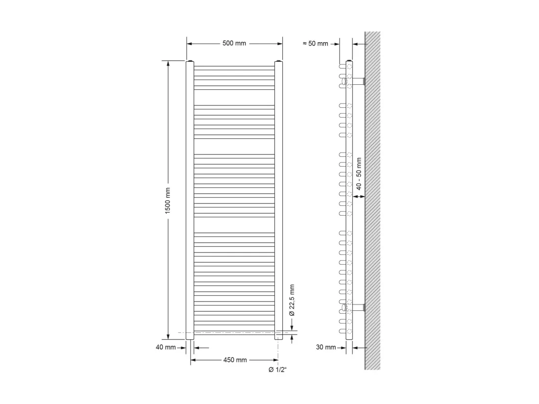 Radiateur sèche-serviette forme courbé acier blanc connexion latérale 50x150 cm
