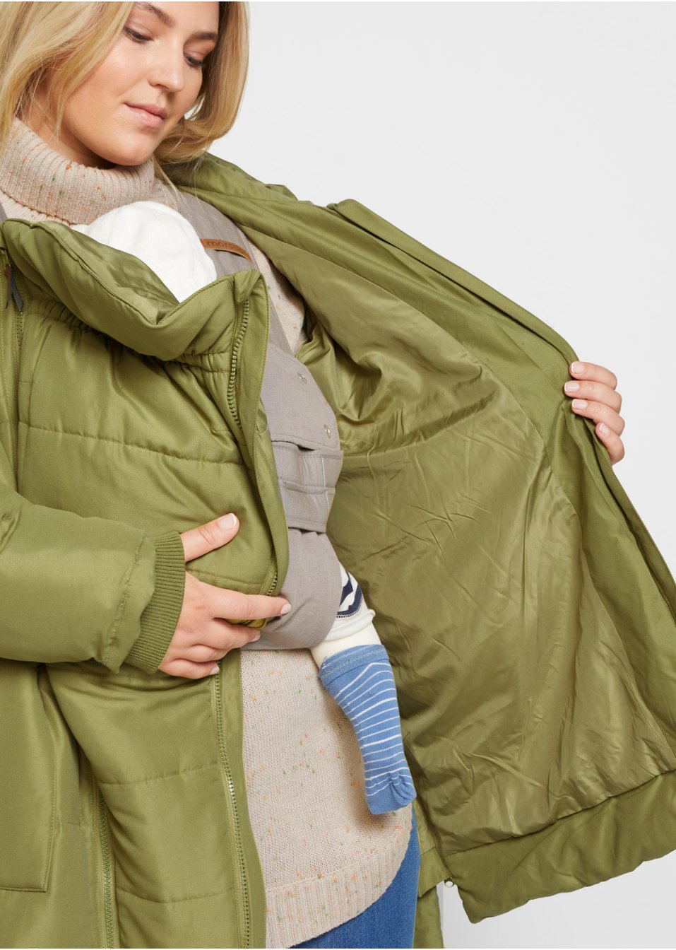 Veste d'hiver de grossesse avec capuche en polyester recyclé avec fonction portage